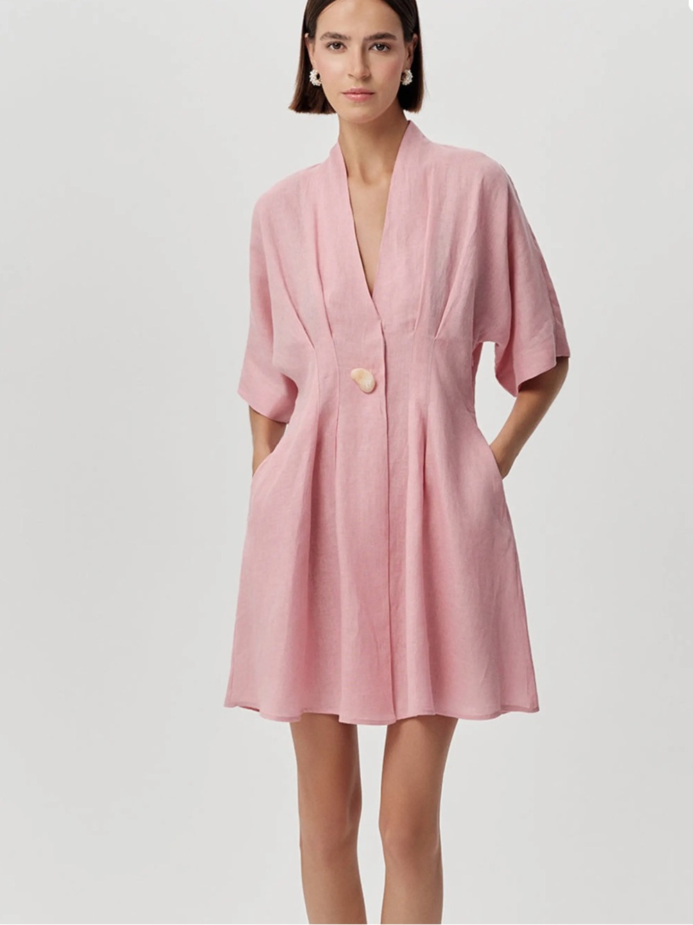 Exquise V-Neck Short Sleeve Mini Dress with Single Button